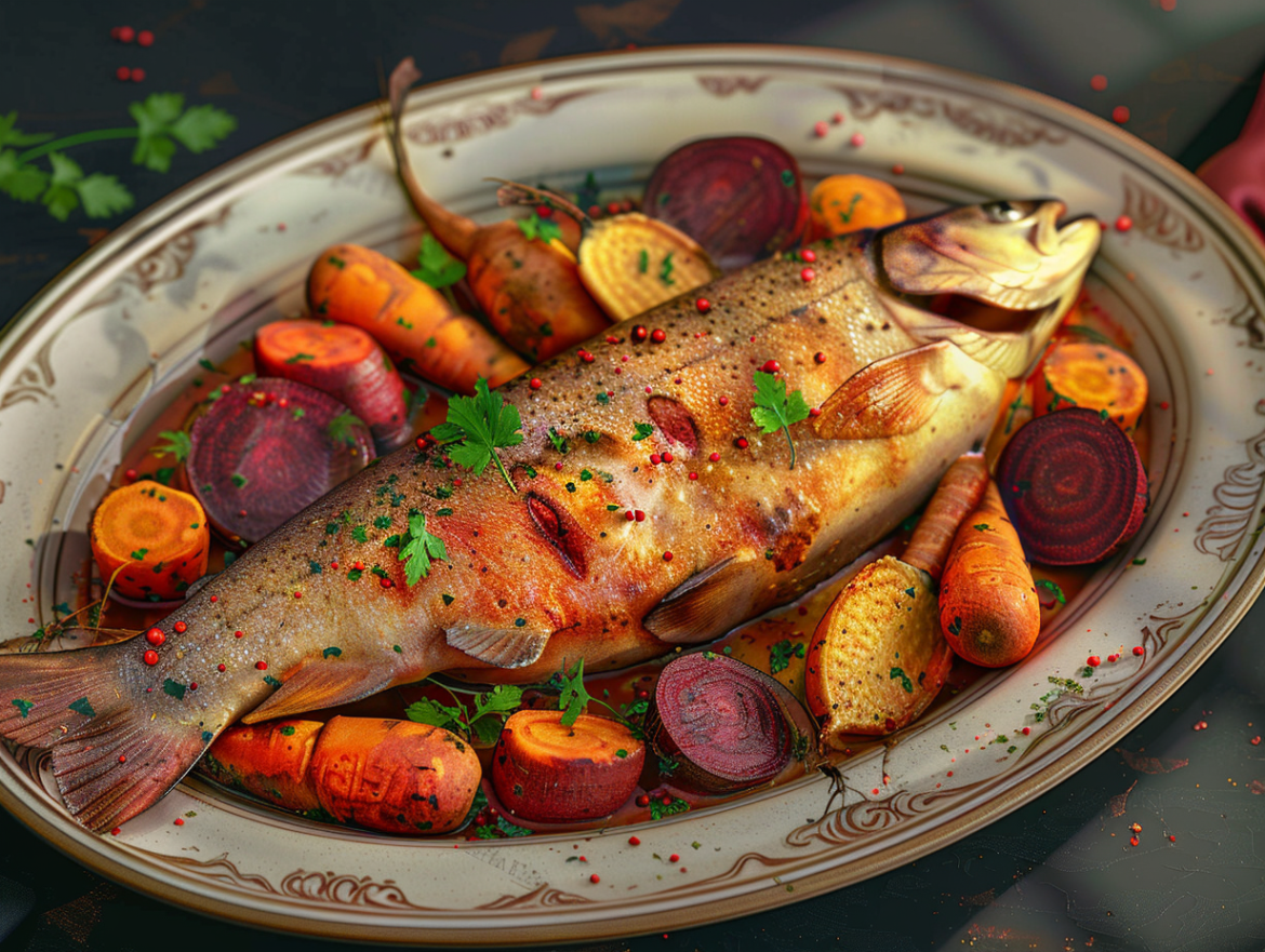 Печена пъстърва с есенни зеленчуци