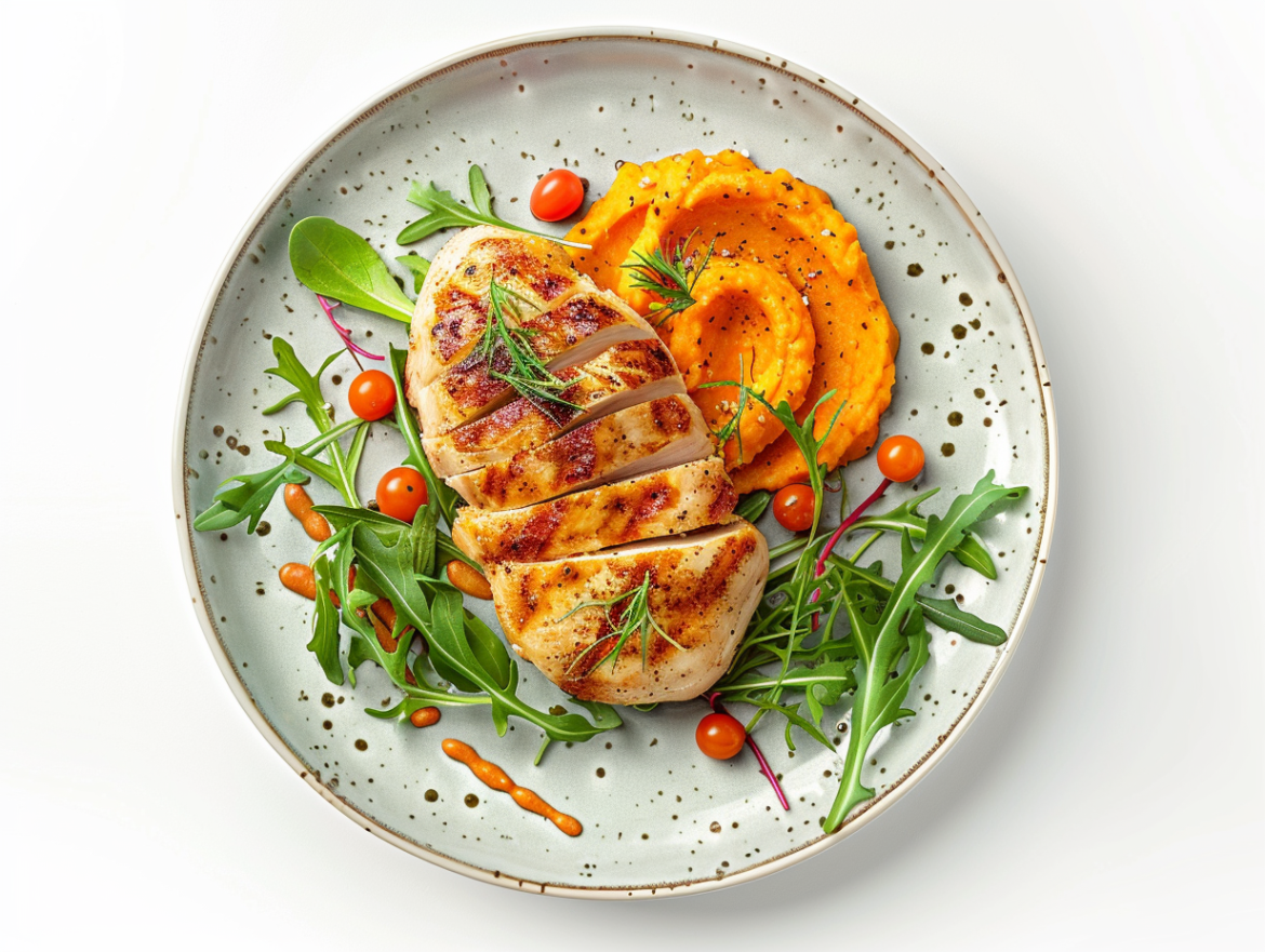 Пилешко филе с пюре от сладки картофи и зелена салата