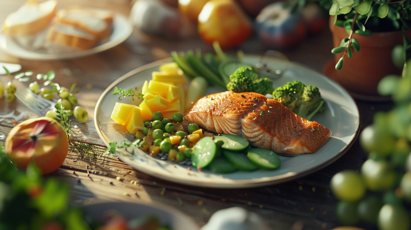 Балансирано здравословно ястие с много зеленчуци и протеини