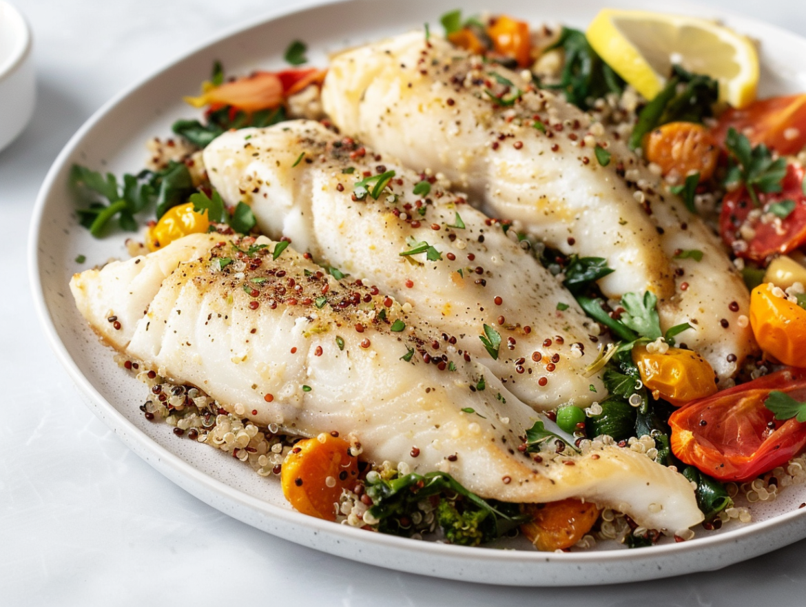 Риба с гарнитура от киноа и печени зеленчуци