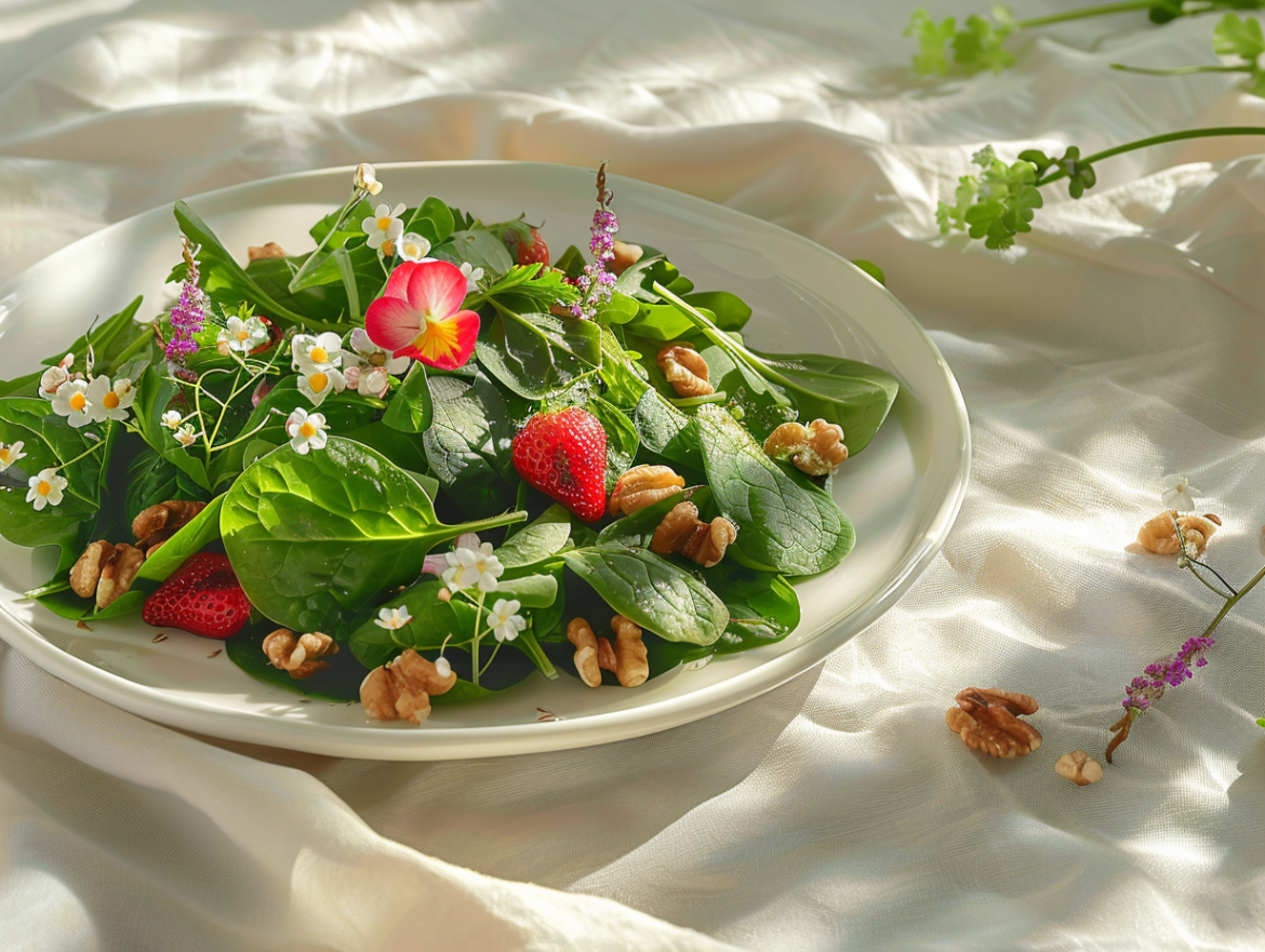 Пролетна салата от спанак с ягоди и орехи